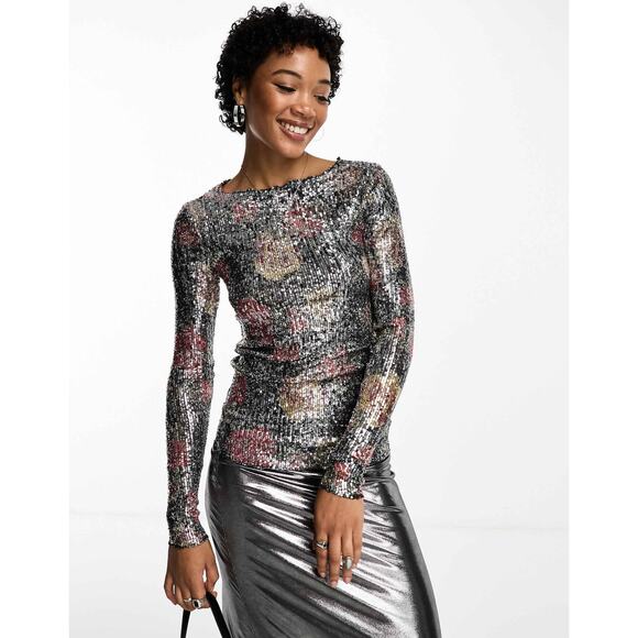 Free People Intimately Long Sleeve Floral Sequin Top in Midnight Combo - Size S - Picture 1 of 6